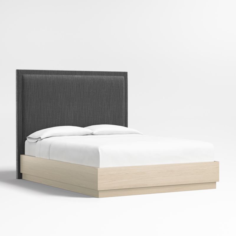 Meraux 56" Charcoal Grey Queen Upholstered Headboard with Batten White Oak Bed Base - image 0 of 4