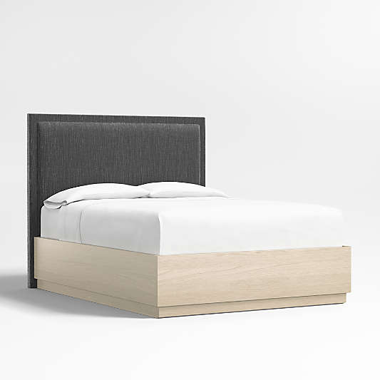 Meraux 56" Charcoal Grey Queen Upholstered Headboard with Batten White Oak Storage Bed Base