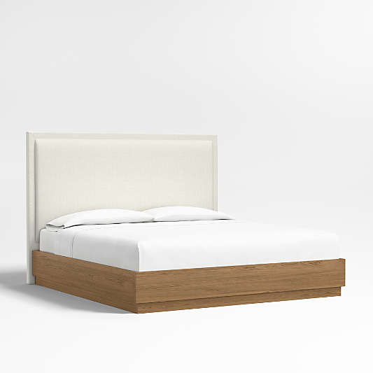 Meraux 56" Ivory King Upholstered Headboard with Batten Brown Oak Bed Base