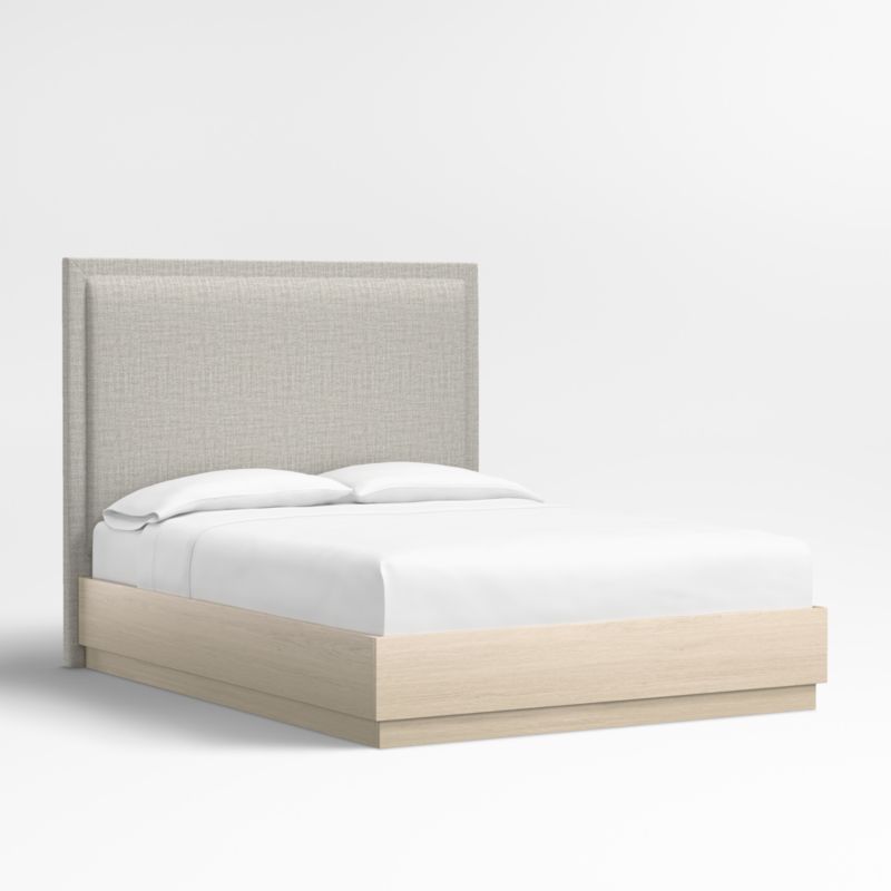 Meraux 56" Mist Grey Upholstered Queen Headboard with Batten White Oak Storage Bed Base - image 0 of 6