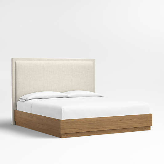 Meraux 56" Natural Beige Upholstered King Headboard with Batten Brown Oak Bed Base