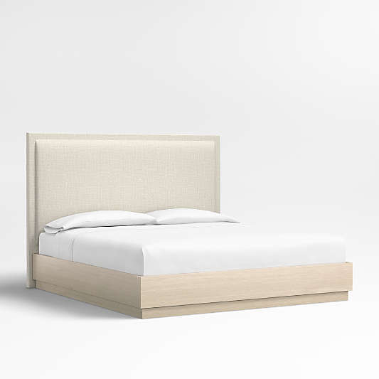 Meraux 56" Natural Beige Upholstered King Headboard with Batten White Oak Bed Base