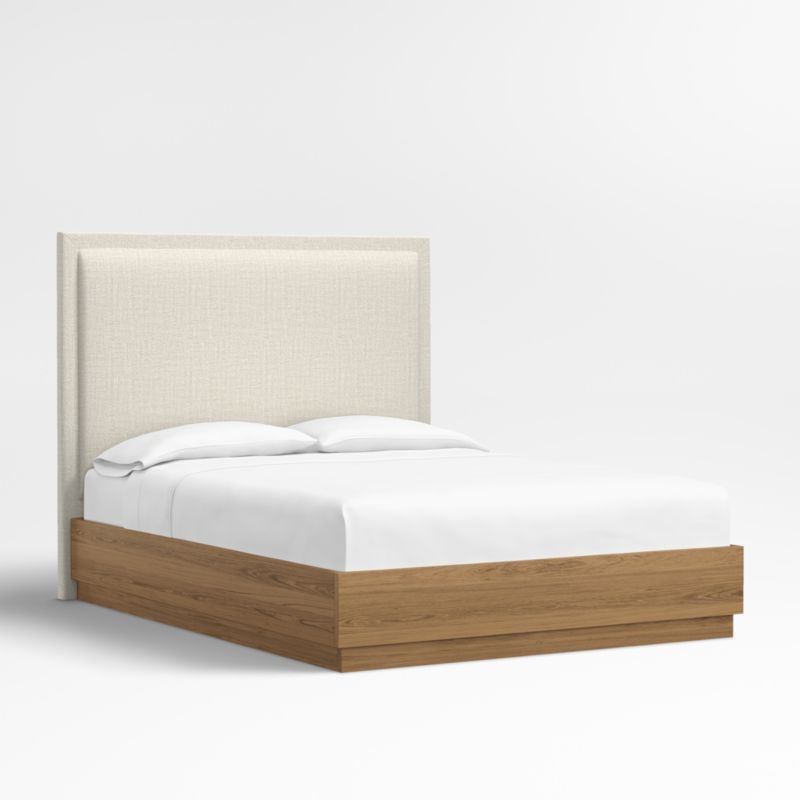 Meraux 56" Natural Beige Upholstered Queen Headboard with Batten Oak Bed Base