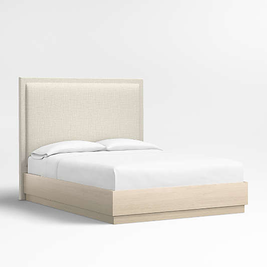 Meraux 56" Natural Beige Upholstered Queen Headboard with Batten White Oak Bed Base