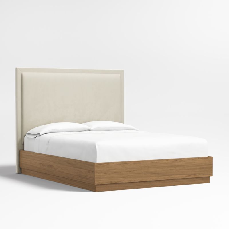 Meraux 56" Beige Upholstered Queen Headboard with Batten Oak Bed Base