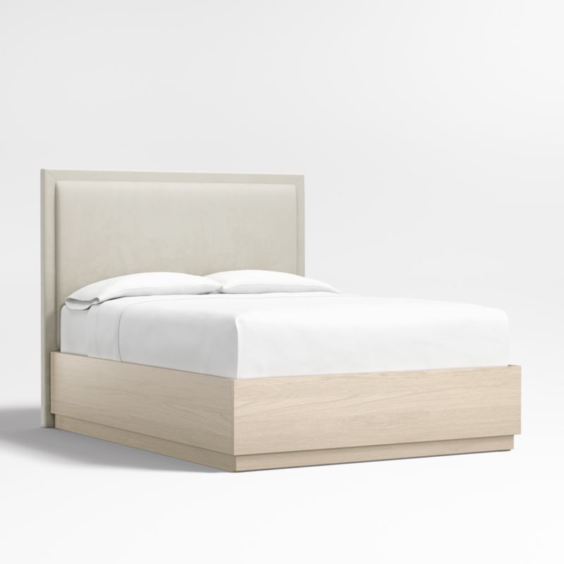 Meraux 56" Beige Upholstered Queen Headboard with Batten White Oak Storage Bed Base - image 0 of 7