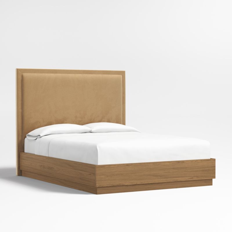 Meraux 56" Camel Brown Upholstered Queen Headboard with Batten Brown Oak Bed Base - image 0 of 4