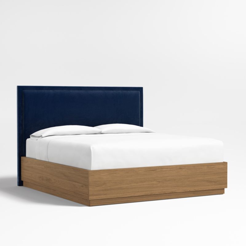 Meraux 56" Navy Upholstered King Headboard with Batten Oak Storage Bed Base