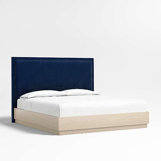 Meraux 56" Navy King Upholstered Headboard with Batten White Oak Bed Base