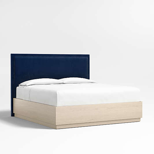 Meraux 56" Navy King Upholstered Headboard with Batten White Oak Storage Bed Base