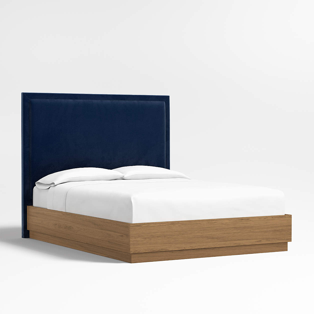 Meraux 56" Navy Queen Upholstered Headboard with Batten Brown Oak Bed
