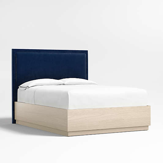 Meraux 56" Navy King Upholstered Headboard with Batten White Oak Storage Bed Base