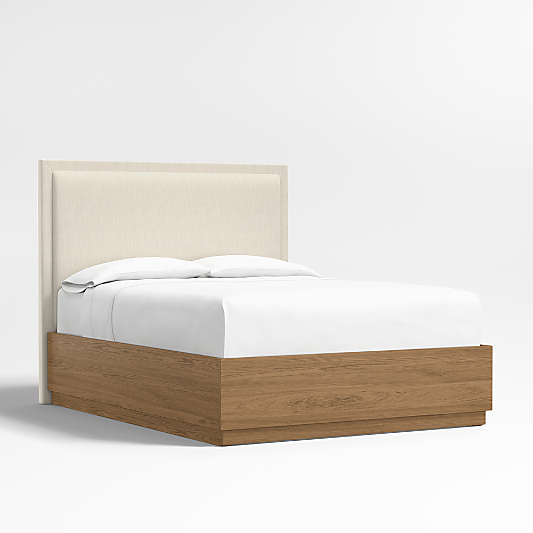 Meraux 56" Ivory Upholstered Queen Headboard with Batten Brown Oak Storage Bed Base
