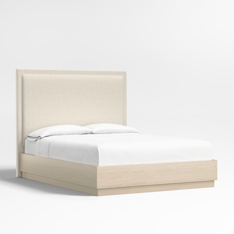 Meraux 56" Ivory Upholstered Queen Headboard with Batten White Oak Bed Base - image 0 of 3