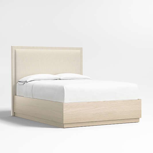 Meraux 56" Ivory Upholstered Queen Headboard with Batten White Oak Storage Bed Base