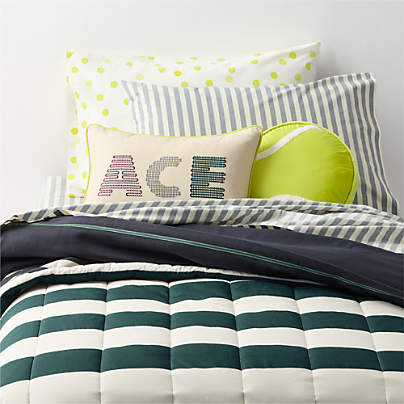Match Point Deep Jade Stripe Reversible Organic Cotton Kids Twin Quilt by Venus Williams