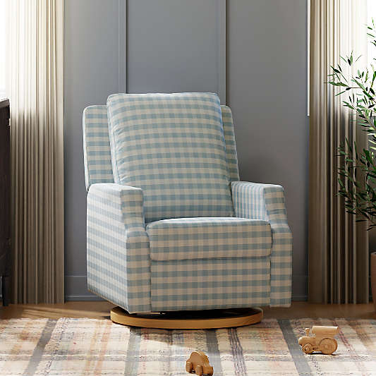 Namesake Crewe Blue Gingham Swivel Glider Power Recliner Nursery Chair