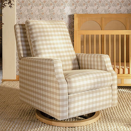 Namesake Crewe Tan Gingham Swivel Glider Power Recliner Nursery Chair