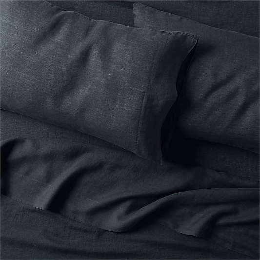 New Natural EUROPEAN FLAX ™-Certified Linen Arcadia Tan and Midnight Navy Border Full/Queen Duvet Cover