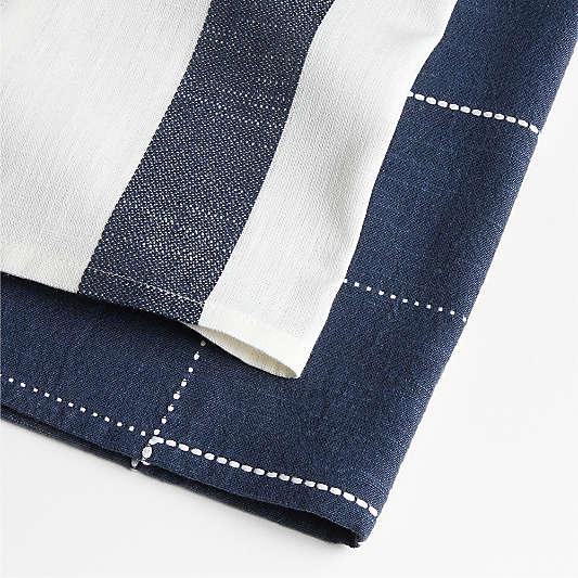 Navy Blue Stripe and Plaid Organic Cotton Kitchen Towels, Set of 2