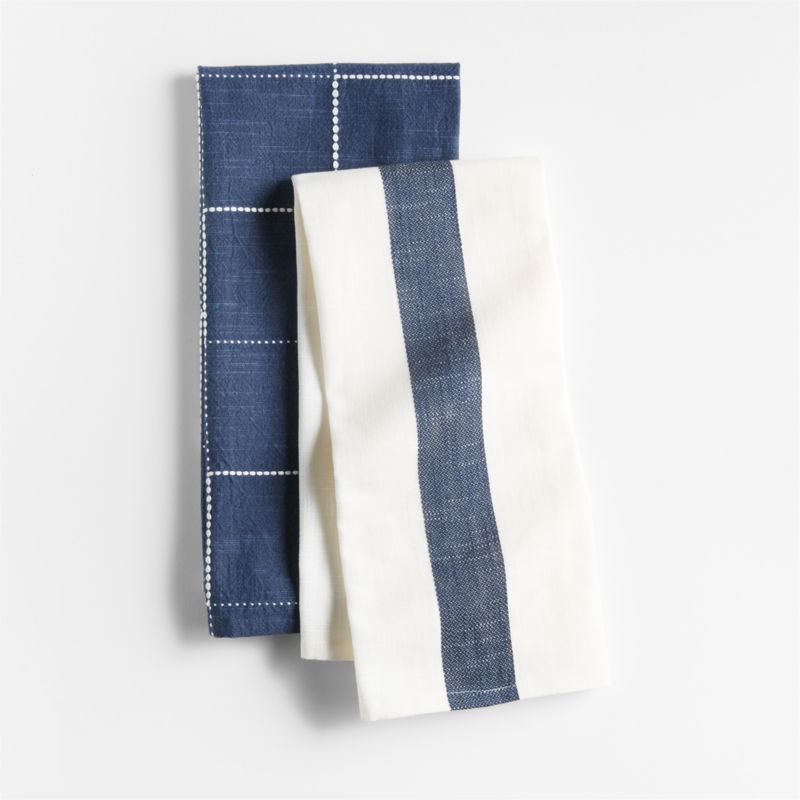 Navy Blue Stripe and Plaid Organic Cotton Kitchen Towels, Set of 2 - image 0 of 2