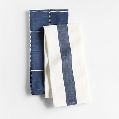View Navy Blue Stripe and Plaid Organic Cotton Kitchen Towels, Set of 2 details