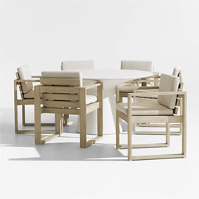 Nayarit Cement Outdoor Dining Table Set with Mallorca Chairs and Ivory Cushions