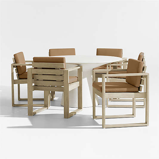 Nayarit Cement Outdoor Dining Table Set with Mallorca Chairs and Cast Teak Brown Sunbrella ® Cushions