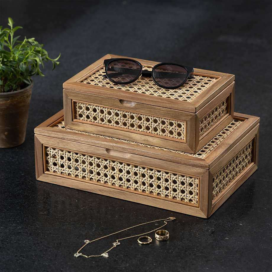 NeatMethod Cane and Wood Decorative Boxes with Lids, Set of 2 + Reviews | Crate & Barrel