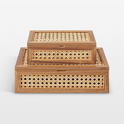 View NeatMethod Cane and Wood Decorative Boxes with Lids, Set of 2 details