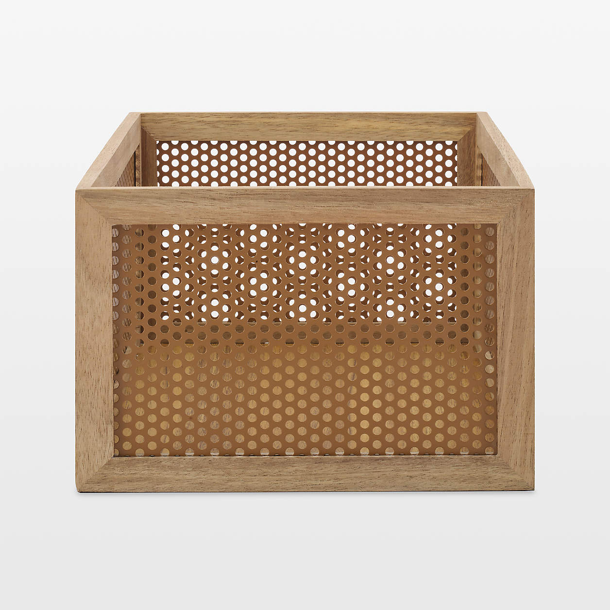 NeatMethod Perforated Brass Acacia Wood Storage Basket Crate & Barrel