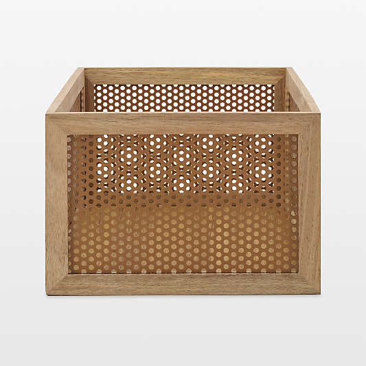 NeatMethod Perforated Brass Acacia Wood Storage Basket