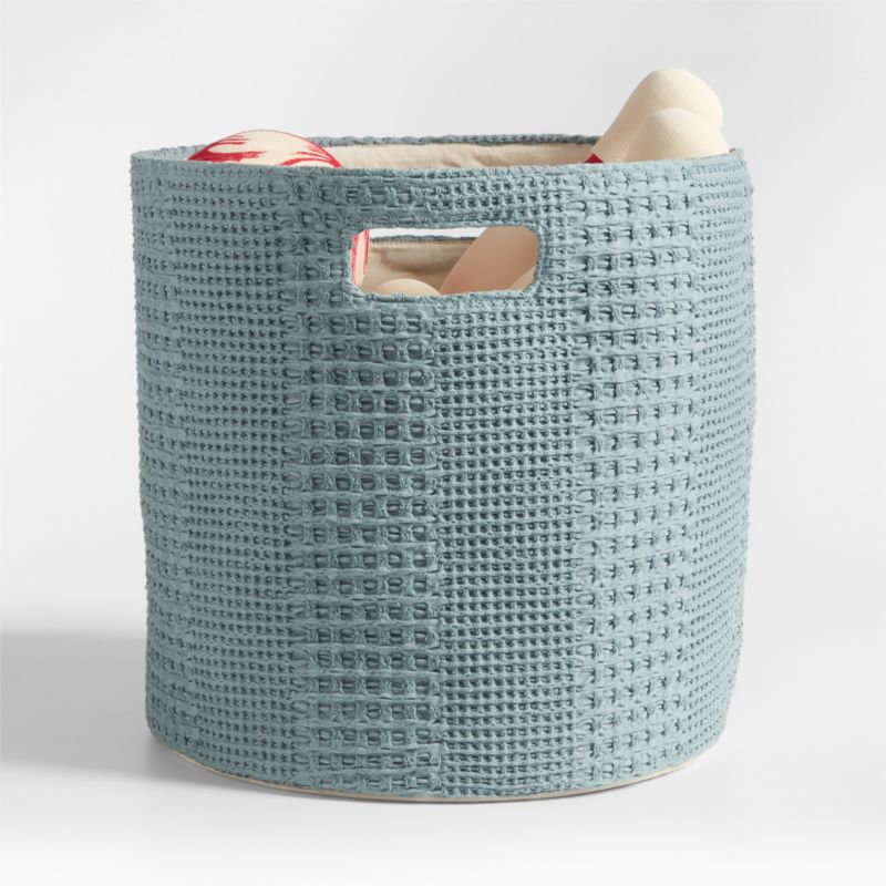 Nella Green Cotton Waffle Weave Large Storage Bin with Handles