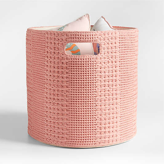 Nella Rose Pink Cotton Waffle Weave Large Storage Bin with Handles