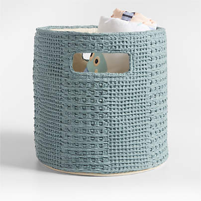 Nella Green Cotton Waffle Weave Shelf Bin with Handles