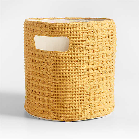 Nella Ochre Yellow Cotton Waffle Weave Shelf Bin with Handles