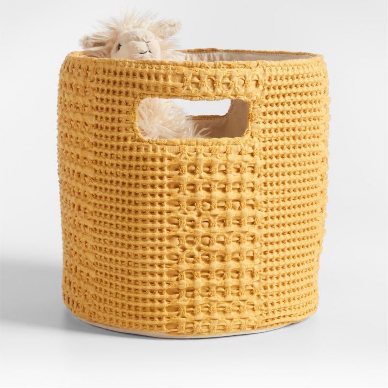 Nella Ochre Yellow Cotton Waffle Weave Shelf Bin with Handles