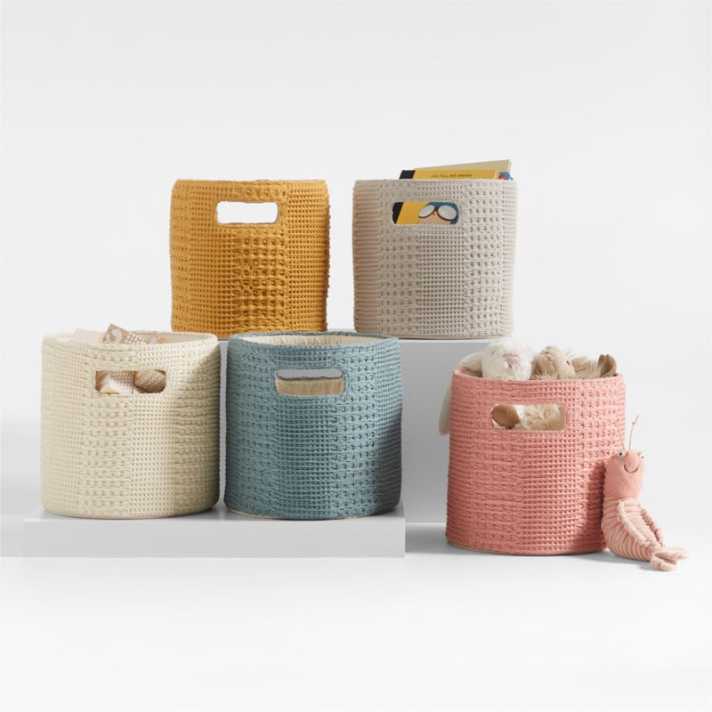 Nella Ochre Yellow Cotton Waffle Weave Shelf Bin with Handles