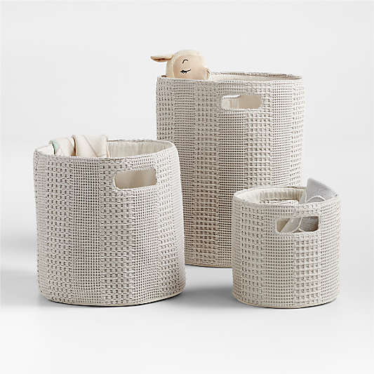 Nella Grey Cotton Waffle Weave Small Shelf Bin with Handles