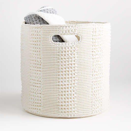 Nella Cream Cotton Waffle Weave Large Floor Bin with Handles