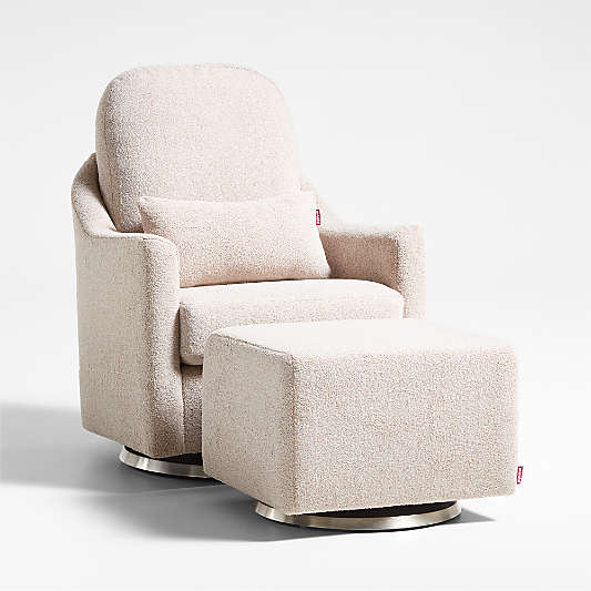 Nessa Light Brown Sherpa Nursery Swivel Glider and Ottoman with Silver Base