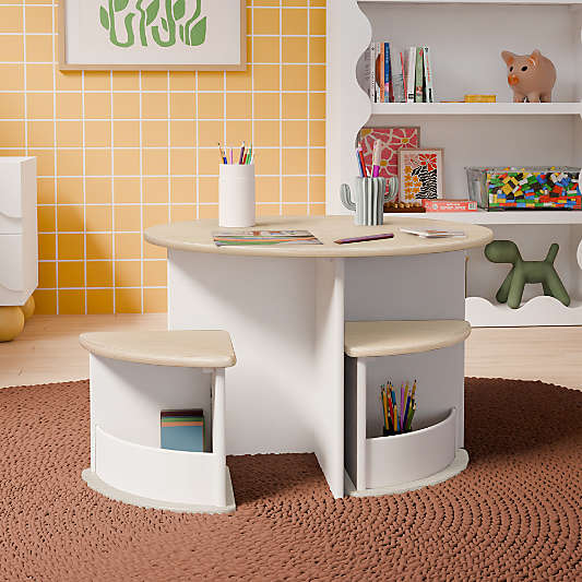 Babyletto Nessa White and Washed Natural Wood Kids Nesting Play Table