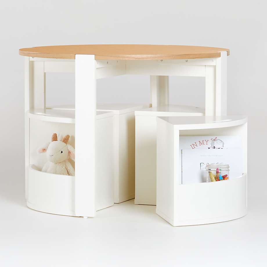 Nesting White and Natural Wood Kids Play Table and Chairs with Storage Set (Open Larger View)