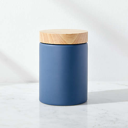 Niko Large Blue Ceramic Canister with Wood Lid