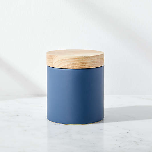 Niko Medium Blue Ceramic Canister with Wood Lid