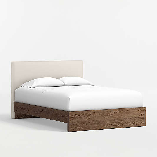 Noa Cream Upholstered Flange Kids Full Headboard with Deep Brown Wood Base