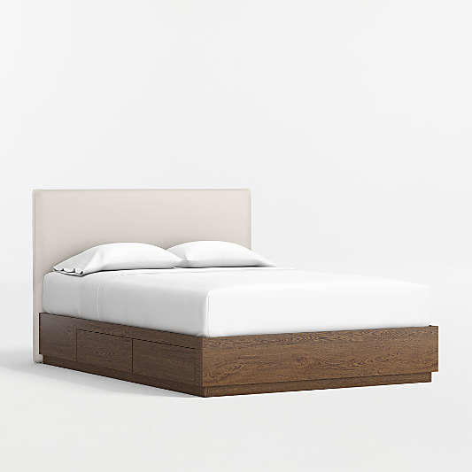 Noa Cream Upholstered Flange Kids Full Headboard with Deep Brown Wood Storage Base