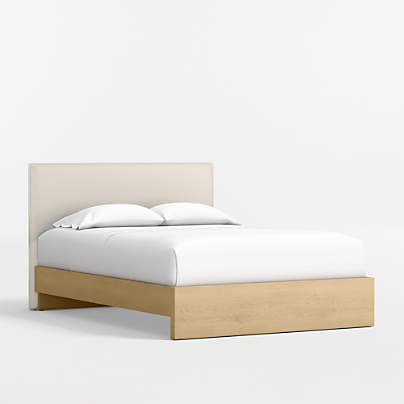 Noa Cream Upholstered Flange Kids Full Headboard with Natural Wood Base