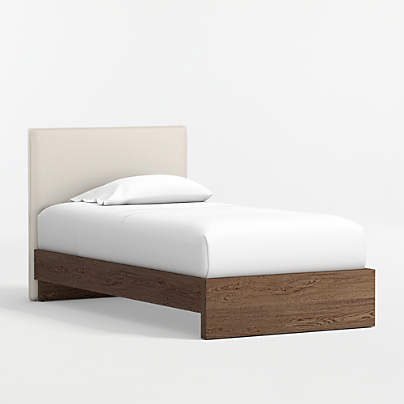 Noa Cream Upholstered Flange Kids Twin Headboard with Deep Brown Wood Base