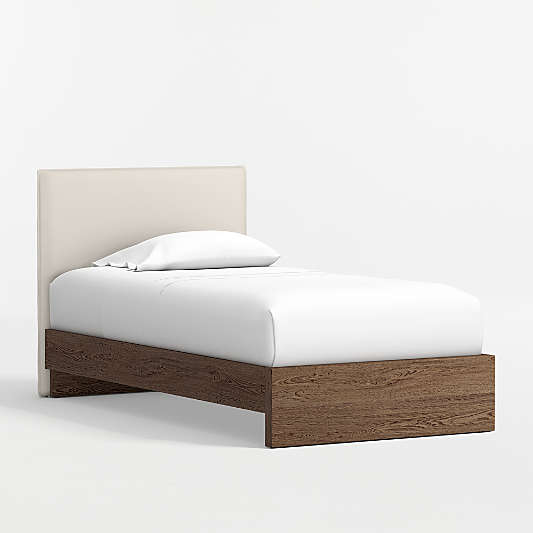 Noa Cream Upholstered Flange Kids Headboard with Deep Brown Wood Base